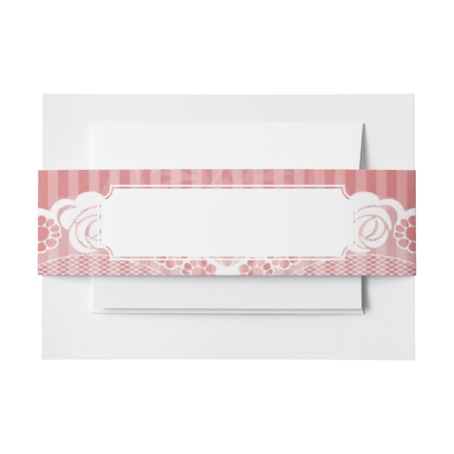 Pink and white background with black lace invitation belly band (Front Example)