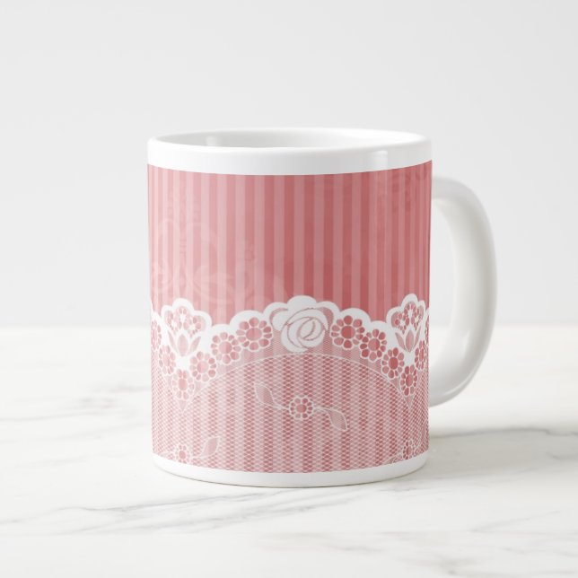 Pink and white background with black lace large coffee mug (Front Right)