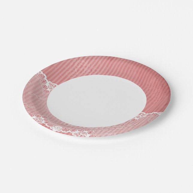 Pink and white background with black lace paper plate (Angled)