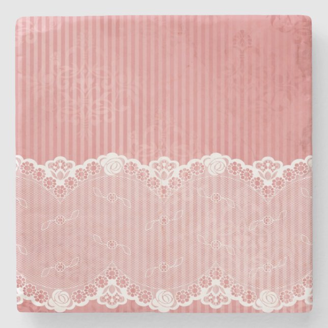 Pink and white background with black lace stone coaster (Front)