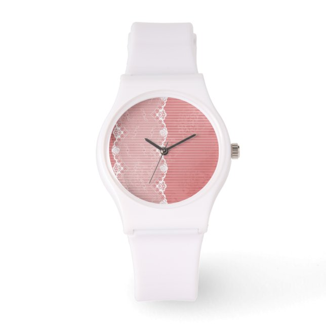 Pink and white background with black lace watch (Front)