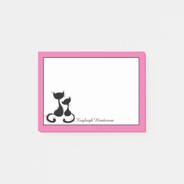 Pink and White Black Cats Silhouette Personalised Post-it Notes (Front)