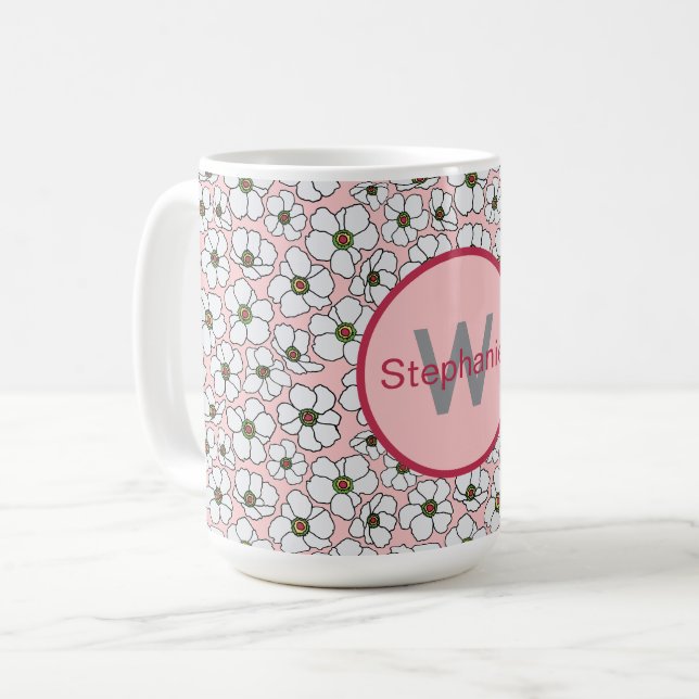 Pink And White Boho Floral With Monogram Coffee Mug (Front Left)
