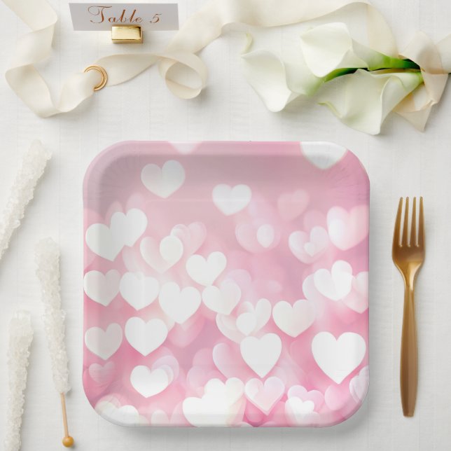 Pink And White Bokeh Hearts Paper Plate (Wedding)