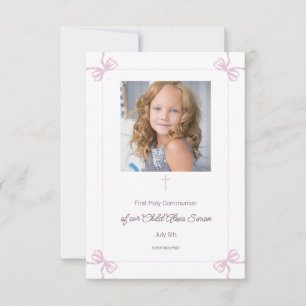 Pink and White bow First Holy Communion RSVP Card