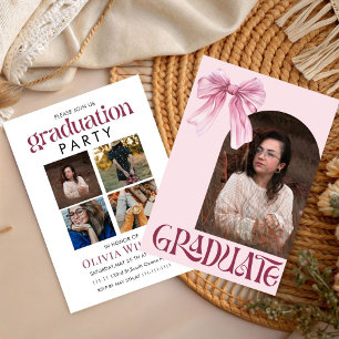 Pink and white Bow Graduation with Photos Invitation
