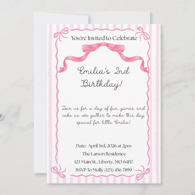 Pink and White Bow Invitations (Front)