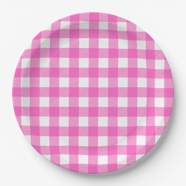 Pink And White Buffalo Check BBQ Engagement Paper Plate (Front)