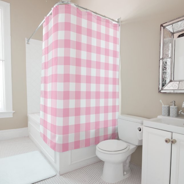 Pink and White Buffalo Check Shower Curtain (In Situ)