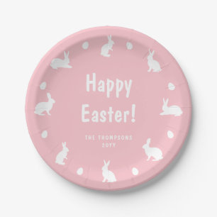 Pink And White Bunnies And Eggs Happy Easter Paper Plate