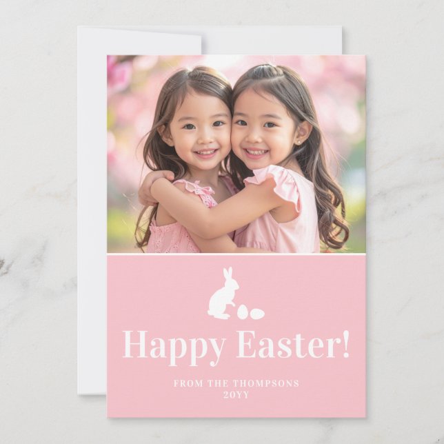 Pink And White Bunny With Custom Photo Easter Card (Front)