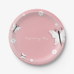 Pink and White Butterflies & Flowers Custom Party Paper Plate