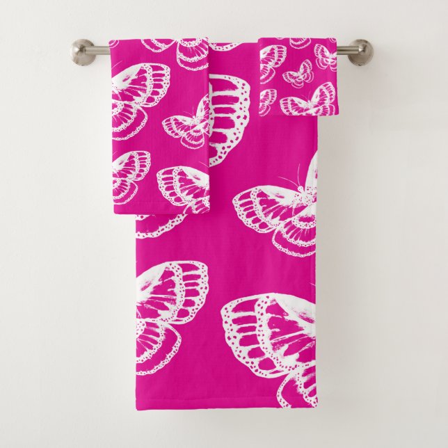 Pink and White Butterflies Pattern Bath Towel Set (Insitu)