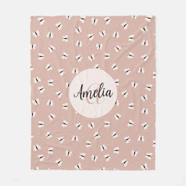 Pink and white butterfly pattern name and monogram fleece blanket (Front)