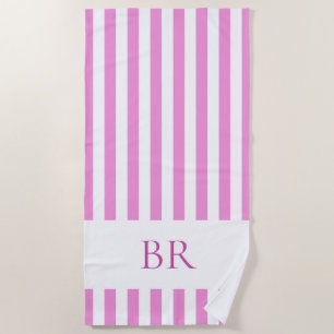 Pink and White Cabana Stripe Custom Monogram Beach Towel