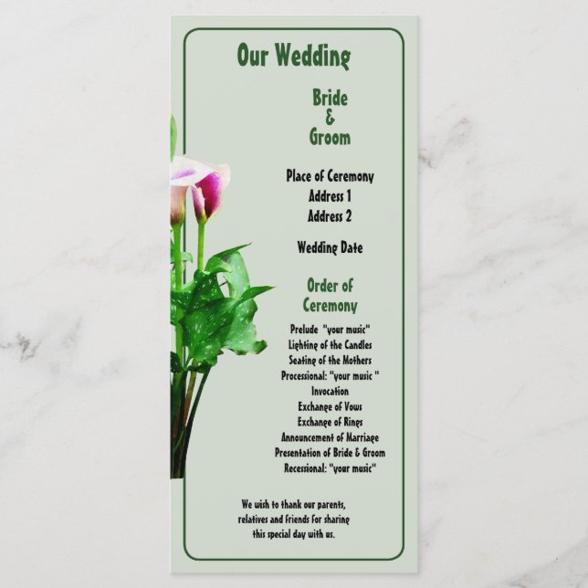 Pink and White Calla Lilies Wedding Program Programme (Front)