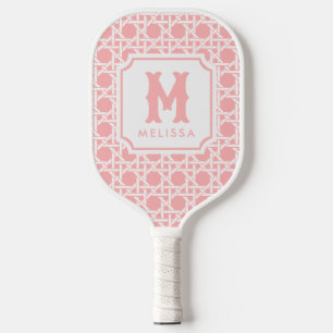 Pink and White Cane Rattan Monogram Pickleball Paddle