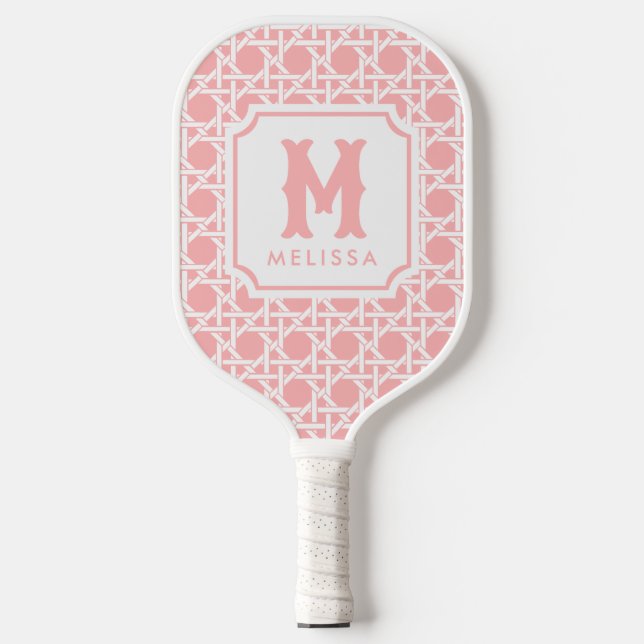 Pink and White Cane | Rattan | Monogram  Pickleball Paddle (Front)
