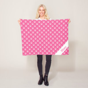 Pink And White Cat Paws With Custom Name Fleece Blanket