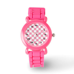 Pink And White Check Squares Glitter Watch