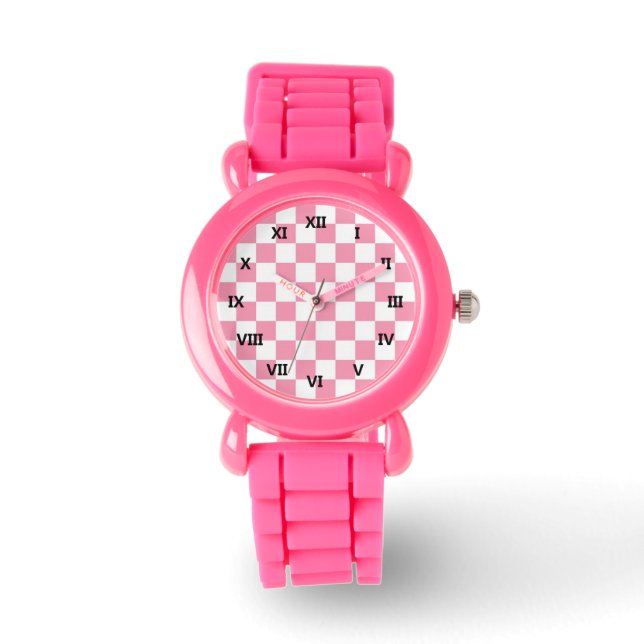 Pink And White Check Squares Glitter Watch (Front)