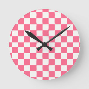 Pink and White Checkered Pattern  Round Clock