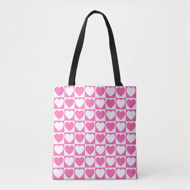 Pink and White Checkered Pattern With Hearts Tote Bag (Front)