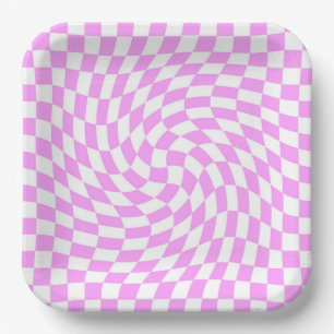 Pink and White Checks Chequered Chic Pattern Paper Plate