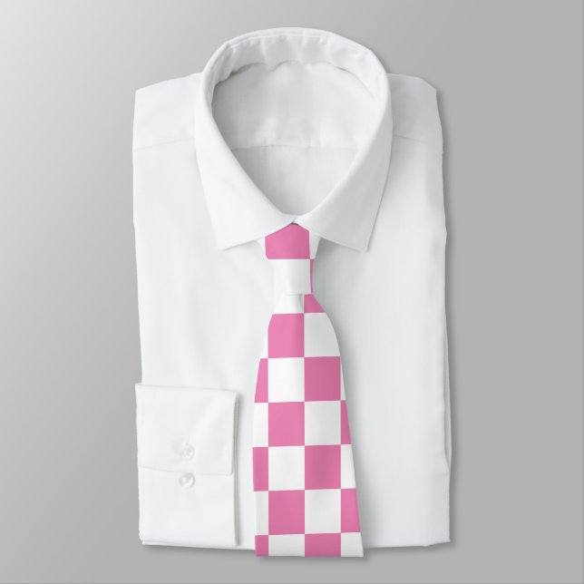 Pink and White Chequerboard Pattern Tie (Tied)