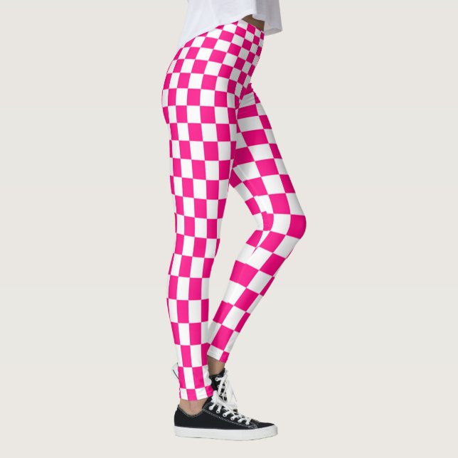Pink and White Chequered Pattern Optical Illusion Leggings (Right)