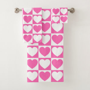 Pink and White Chequered Pattern With Hearts Bath Towel Set