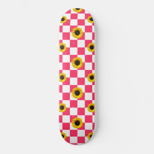 Pink and White Chequered & Sunflower Print Skateboard