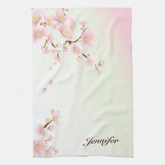 Pink And White Cherry Blossom Nature Monogram Tea Towel
