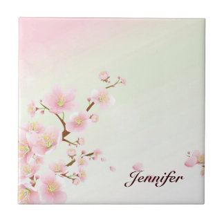Pink And White Cherry Blossom Nature Monogram Tile
