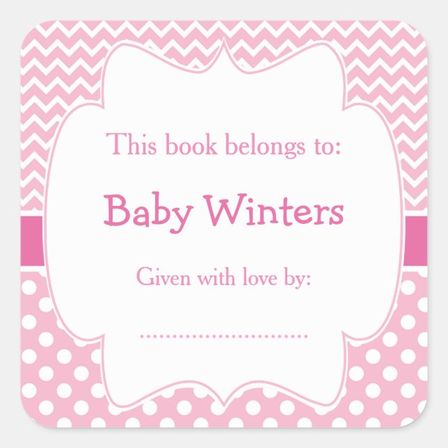 Pink and White Chevron  and Polka Dots Bookplate Square Sticker (Front)