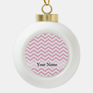 Pink and white chevron ceramic ball christmas ornament