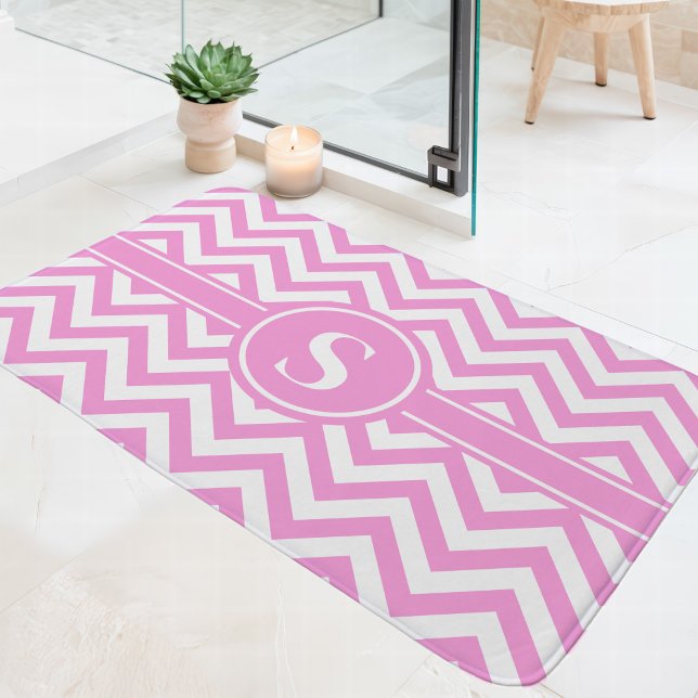 Pink And White Chevron Monogram Bath Mat (Creator Uploaded)