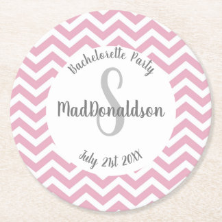Pink and white chevron monogram party round paper coaster