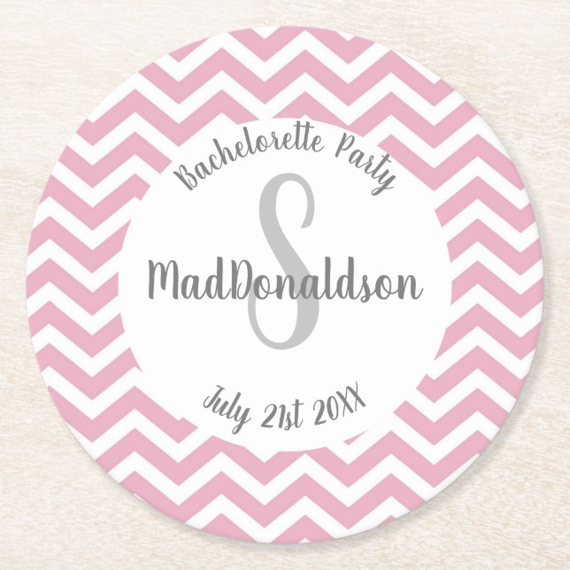 Pink and white chevron monogram party round paper coaster (Front)