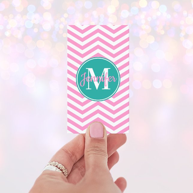 Pink and White Chevron Turquoise Monogram Business Card (Pink and Teal Monogram Business Cards)