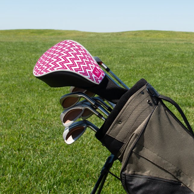 Pink and white chevron zigzag pattern golf head cover (In Situ)