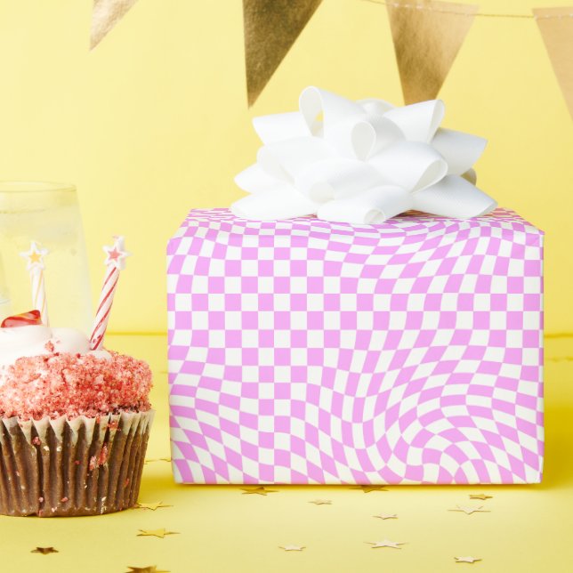 Pink and White Chic Warped Chequered Pattern  Wrapping Paper (Birthday Party)