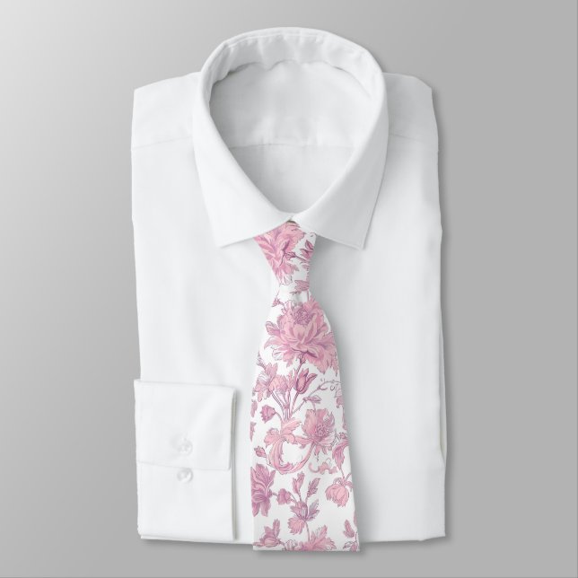 Pink and White Chinoiserie Floral  Tie (Tied)