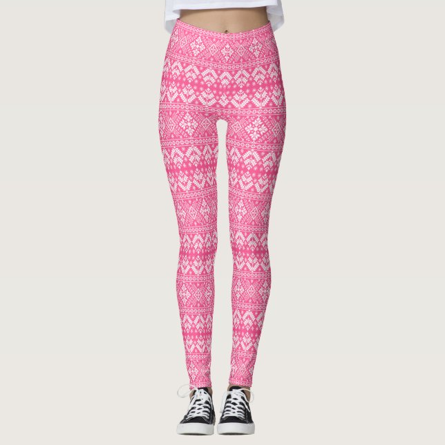 Pink and White Christmas Fair Isle Pattern Leggings (Front)