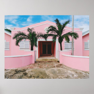 Pink and white concrete house near green trees und poster