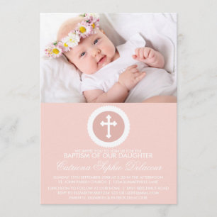 Pink and White Cross Baptism Photo Invitation