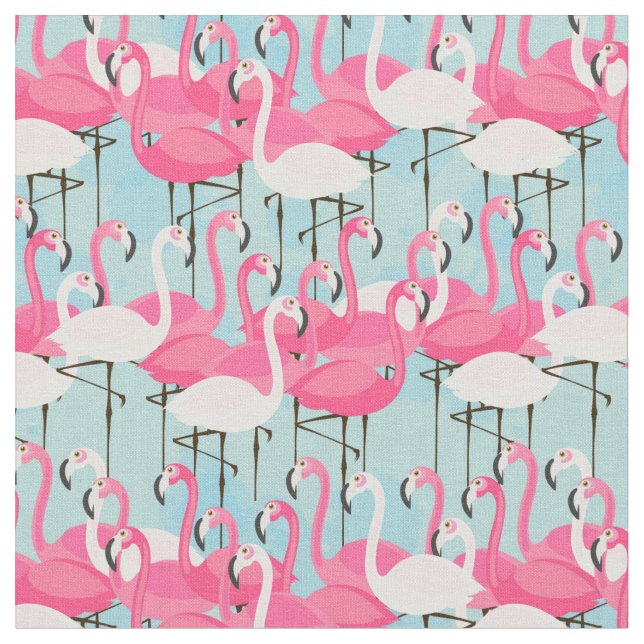 Pink And White Crowd Of Flamingos Fabric (Close Up)