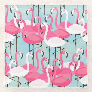 Pink And White Crowd Of Flamingos Glass Coaster
