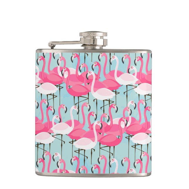 Pink And White Crowd Of Flamingos Hip Flask (Front)