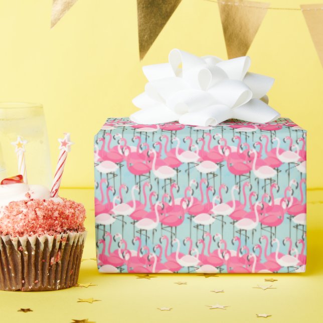 Pink And White Crowd Of Flamingos Wrapping Paper (Birthday Party)